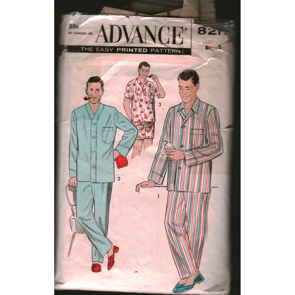 Vintage Advance 8217 Mens Pajamas Sewing Pattern Size B 38-40 V-Neck Cardigan